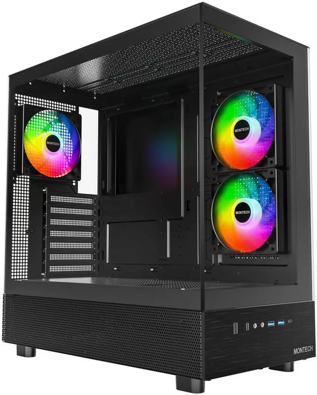Alt view image 8 of 8 - MONTECH XR, ATX Mid-Tower PC Gaming Case, 3 x 120mm ARGB PWM Fans  Pre-Installed, Full-View Dual Tempered Glass Panel, Wood-Grain Design I/O Interface, Support 4090 GPUs, 360mm Radiator Support, Black
