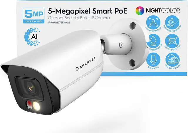 Alt view image 2 of 2 - Amcrest AI Bullet IP PoE Camera w/ 49ft Color Night Vision, Security IP Camera Outdoor, Built-in Microphone, Human & Vehicle Detection, 129° FOV, 5MP@20fps IP5M-B1276EW-AI