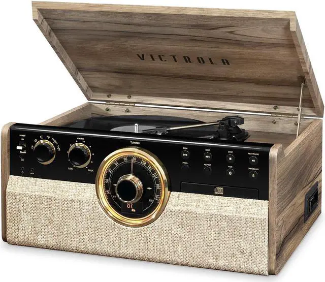 Alt view image 5 of 5 - Victrola 6-in-1 Wood Empire Mid Century Modern Bluetooth Record Player with 3-Speed Turntable, CD, Cassette Player and Radio - Farmhouse Walnut