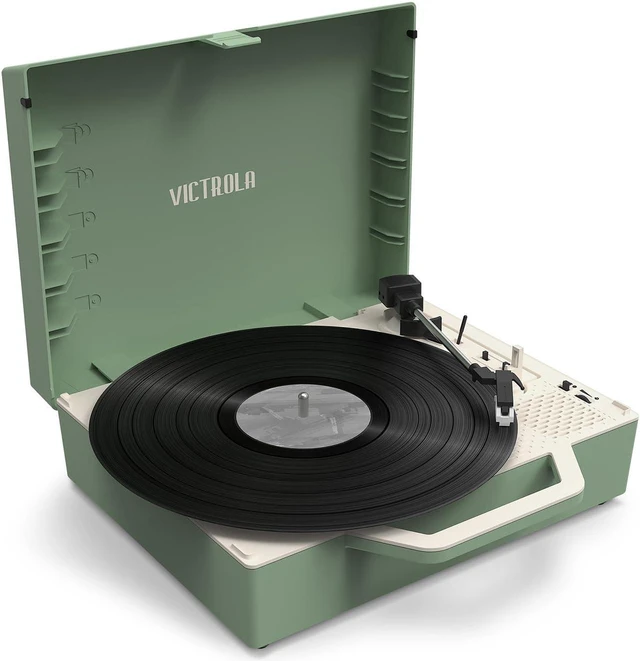 Main image of Re-Spin Sustainable Suitcase Vinyl Record Player, 3-Speed (33 1/3, 45 & 78 RPM), Belt-Driven Bluetooth Turn Table with Built-in Bass Radiator, 3.5mm Headphone Jack (Basil Green)