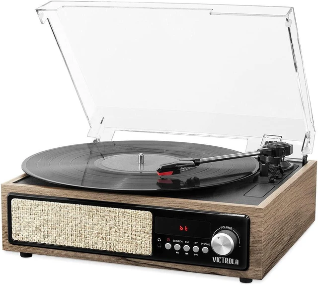 Main image of 3-in-1 Bluetooth Record Player with Built in Speakers and 3-Speed Turntable, Farmhouse Walnut