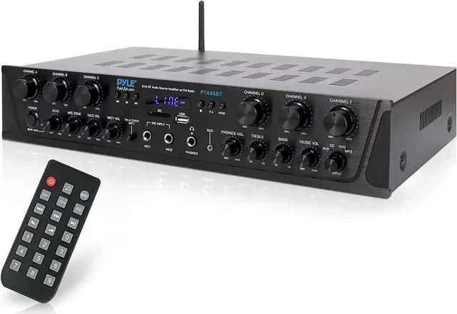 Main image of Pyle Wireless Home Audio Amplifier System - Bluetooth Compatible Sound Stereo Receiver Amp - 6 Channel 600Watt Power  Digital LCD  Headphone Jack  1/4'' Microphone IN USB SD AUX RCA FM Radio PTA66BT.6