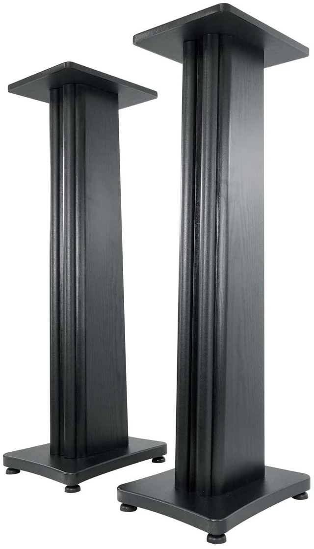 Main image of SS36B Black Wood Grain 36" Solid Home Speaker Stands Pair 100 Lbs Capacity, Solid MDF Wood, Not Hollow, Isolation Pads, Brass and Rubber Spikes, 2 Top Platform Sizes, Cable Management