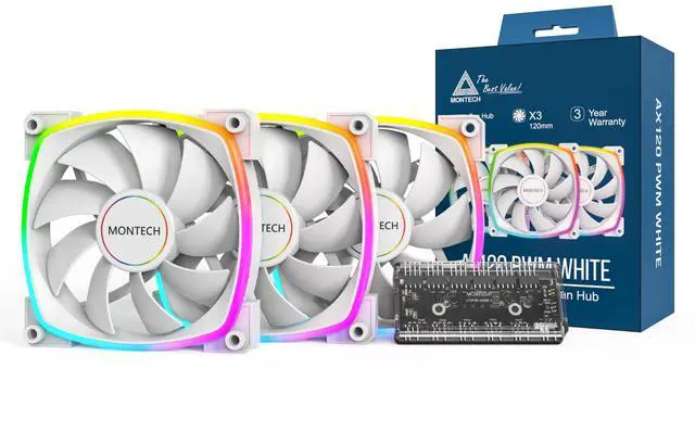 Alt view image 6 of 6 - MONTECH AX 120MM - PWM Fan - Silent Performance - High Speed 1600PWM - High-End Durability with HDB Bearing - Stunning Outer Ring ARGB Lighting Design  3 in 1 Pack with 6X6 Fan Hub - White