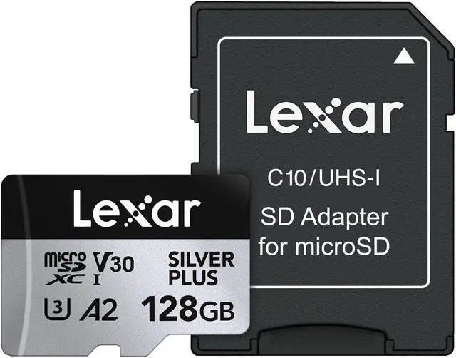 Main image of Lexar 128GB Professional Silver Plus microSDXC Memory Card w/SD Adapter  UHS-I  C10  U3  V30  Full-HD & 4K Video  Up to 205/150 MB/s Read/Write  for Videographers  Gamers (LMSSIPL128G-BNANU)