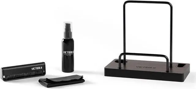 Main image of Victrola The Kit - A Vinyl Record Cleaning Kit, Doubles As A Record Stand, Includes Anti-Static Brush, Cleaning Solution, Cloth, Espresso Wood Finish Stand With Smart Black Metal Accents
