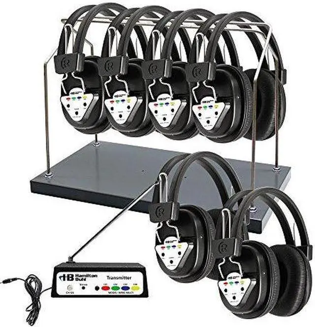 Alt view image 2 of 2 - HamiltonBuhl Wireless 6 Person Listening Center with Multi-Frequency Transmitter, Wireless Headphones and Rack
