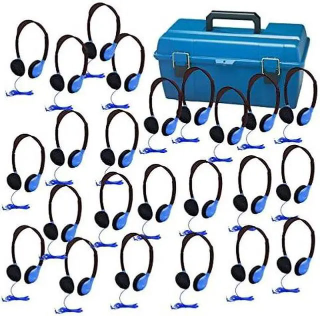 Alt view image 4 of 4 - Headphone In Blue - Multi Pack Deluxe, Foam 24 - Personal Headphones with Stereo 3.5mm plug,  5' Dura-Cord - chew-resistant cord, Foam Ear Cushions, Plastic carry case