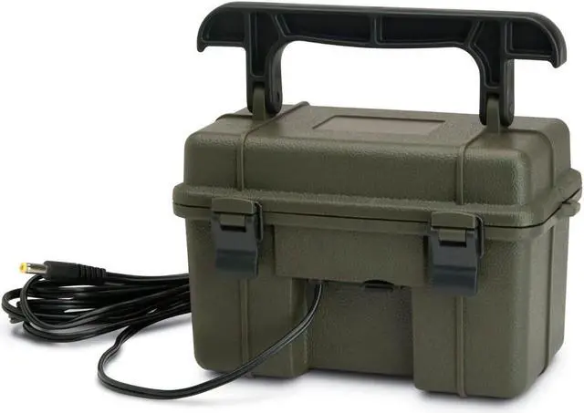 Main image of 12V Battery Box Kit - Portable Compact Waterproof Sealed Battery Charging Box for Hunting Trail Cameras w/ External Power Jack | AC Charger, 10Ft Steel Cable Included