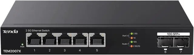 Main image of Tenda TEM2007X 5 Port 2.5G Ethernet Switch Unmanaged 2.5Gb Switch with 5 x 2.5G Ports & 2 x 10Gb SFP+ Slots 50Gbps Switching Capacity Plug & Play Desktop/ Wall-Mount Fanless Metal Design