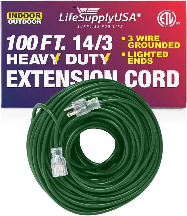 Alt view image 3 of 3 - 100 ft extension cord 14/3 sjtw with lighted end - green - indoor / outdoor heavy duty extra durability 13amp 125v 1625w etl listed by lifesupplyusa