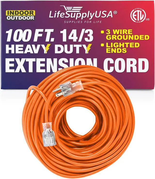 Alt view image 2 of 2 - 100FT Power Extension Cord Outdoor & Indoor - Waterproof Electric Drop Cord Cable - 3 Prong SJTW, 14 Gauge, 13 AMP, 125 Volts, 1625 Watts, 14/3 - ETL Listed by LifeSupplyUSA - Orange (1 Pack)