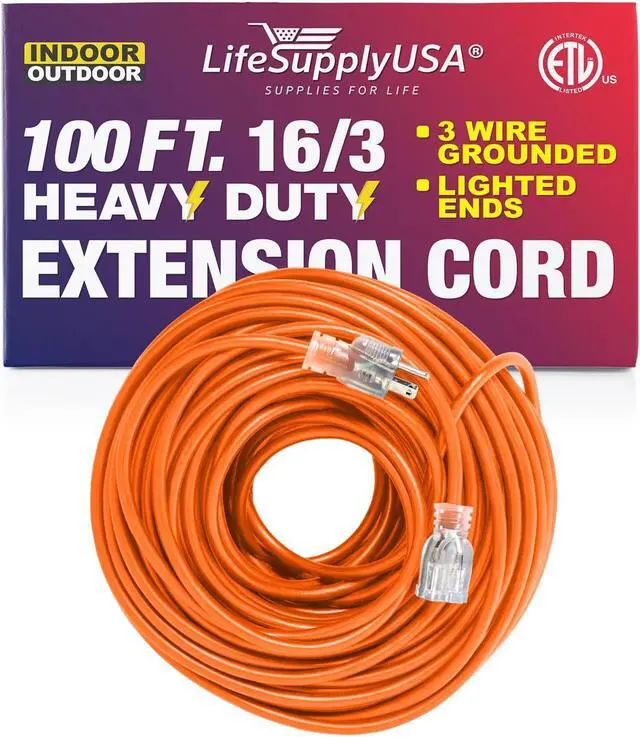 Alt view image 2 of 2 - 100FT Power Extension Cord Outdoor & Indoor - Waterproof Electric Drop Cord Cable - 3 Prong SJTW, 16 Gauge, 10 AMP, 125 Volts, 1250 Watts, 16/3 - ETL Listed by LifeSupplyUSA - Orange (1 Pack)