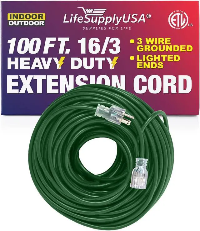 Alt view image 2 of 2 - 100FT Power Extension Cord Outdoor & Indoor - Waterproof Electric Drop Cord Cable - 3 Prong SJTW, 16 Gauge, 10 AMP, 125 Volts, 1250 Watts, 16/3 - ETL Listed by LifeSupplyUSA - Green (1 Pack)