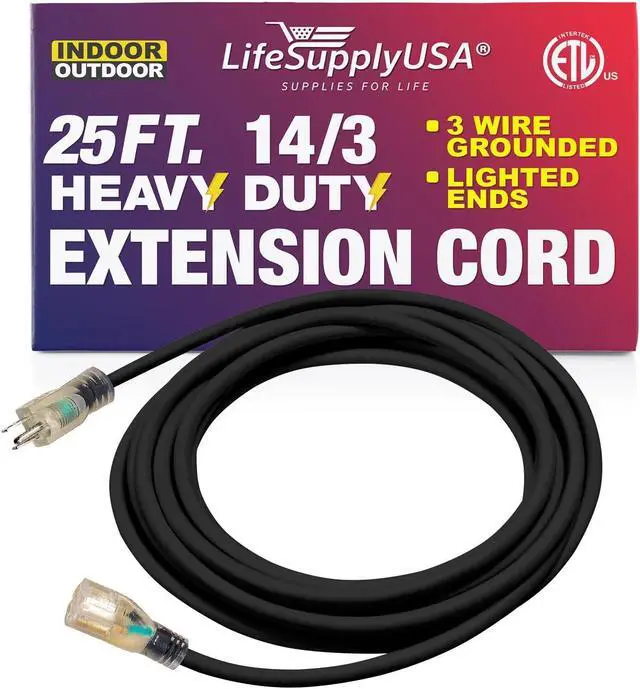 Alt view image 3 of 3 - 25 ft extension cord 14/3 sjtw with lighted end - black - indoor / outdoor heavy duty extra durability 15amp 125v 1875w etl listed by lifesupplyusa