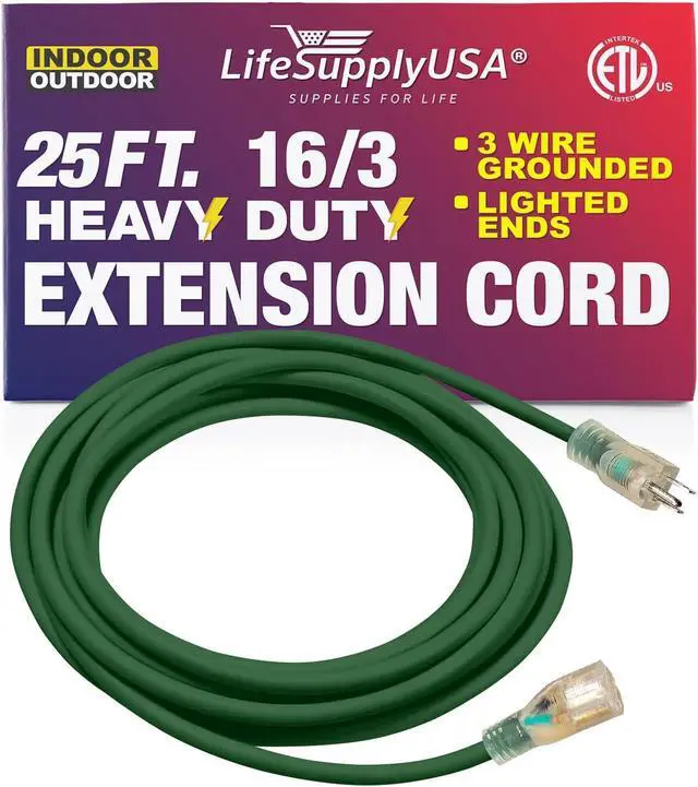 Alt view image 2 of 2 - 25FT Power Extension Cord Outdoor & Indoor - Waterproof Electric Drop Cord Cable - 3 Prong SJTW, 16 Gauge, 13 AMP, 125 Volts, 1625 Watts, 16/3 - ETL Listed by LifeSupplyUSA - Green (1 Pack)