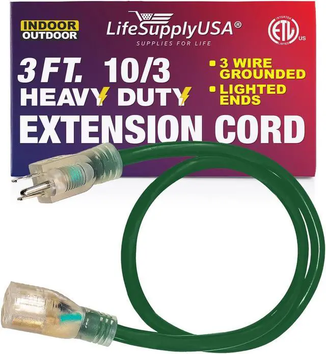 Alt view image 3 of 3 - 3 ft extension cord 10/3 sjtw with lighted end - dark green- indoor / outdoor heavy duty extra durability 15 amp 125 volts 1875 watts etl listed - by lifesupplyusa