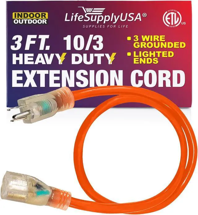 Alt view image 3 of 3 - 3 ft extension cord 10/3 sjtw with lighted end - orange- indoor / outdoor heavy duty extra durability 15 amp 125 volts 1875 watts etl listed - by lifesupplyusa