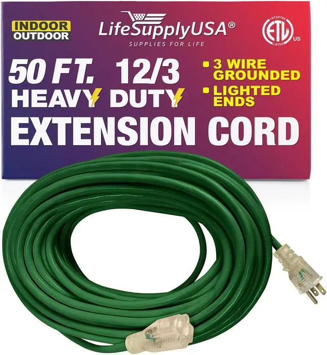 Alt view image 3 of 3 - 50 ft extension cord 12/3 sjtw with lighted end - green - indoor / outdoor heavy duty extra durability 15amp 125v 1875w etl listed by lifesupplyusa