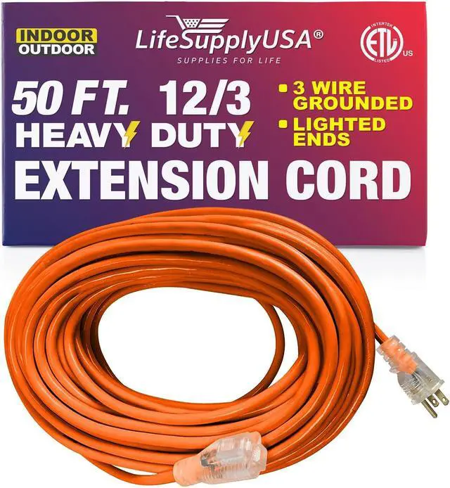 Alt view image 3 of 3 - 50 ft extension cord 12/3 sjtw with lighted end - orange - indoor / outdoor heavy duty extra durability 15amp 125v 1875w etl listed by lifesupplyusa