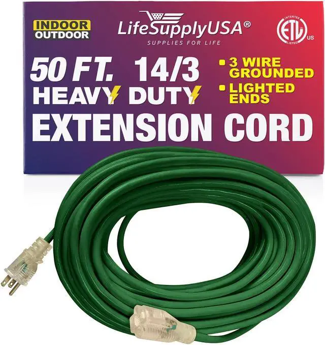 Alt view image 2 of 2 - 50FT Power Extension Cord Outdoor & Indoor - Waterproof Electric Drop Cord Cable - 3 Prong SJTW, 14 Gauge, 15 AMP, 125 Volts, 1875 Watts, 14/3 - ETL Listed by LifeSupplyUSA - Green (1 Pack)