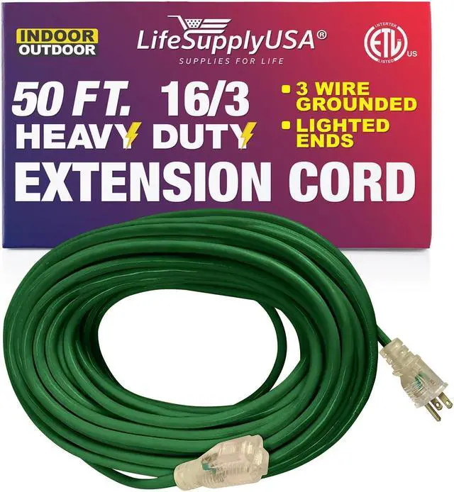 Alt view image 2 of 2 - 50FT Power Extension Cord Outdoor & Indoor - Waterproof Electric Drop Cord Cable - 3 Prong SJTW, 16 Gauge, 13 AMP, 125 Volts, 1625 Watts, 16/3 - ETL Listed by LifeSupplyUSA - Green (1 Pack)