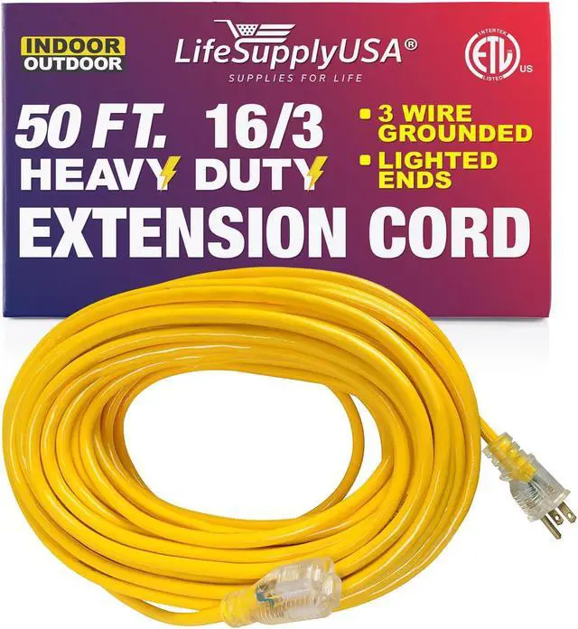 Alt view image 3 of 3 - 50 ft extension cord 16/3 sjtw with lighted end - yellow - indoor / outdoor heavy duty extra durability 13amp 125v 1625w etl listed by lifesupplyusa