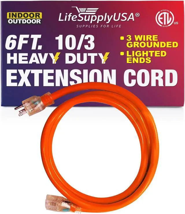 Alt view image 2 of 2 - 6FT Power Extension Cord Outdoor & Indoor - Waterproof Electric Drop Cord Cable - 3 Prong SJTW, 10 Gauge, 15 AMP, 125 Volts, 1875 Watts, 10/3 - ETL Listed, by LifeSupplyUSA - Orange (1 Pack)