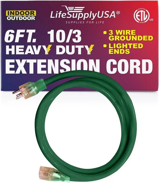 Alt view image 2 of 2 - 6FT Power Extension Cord Outdoor & Indoor - Waterproof Electric Drop Cord Cable - 3 Prong SJTW, 10 Gauge, 15 AMP, 125 Volts, 1875 Watts, 10/3 - ETL Listed, by LifeSupplyUSA - Green (1 Pack)