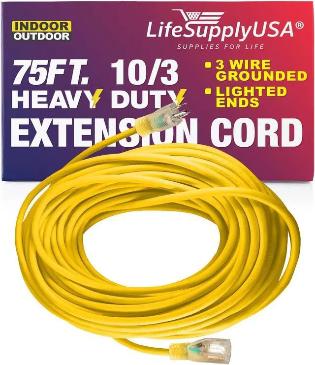 Alt view image 2 of 2 - 75FT Power Extension Cord Outdoor & Indoor - Waterproof Electric Drop Cord Cable - 3 Prong SJTW, 10 Gauge, 15 AMP, 125 Volts, 1875 Watts, 10/3 by LifeSupplyUSA - Black (1 Pack)