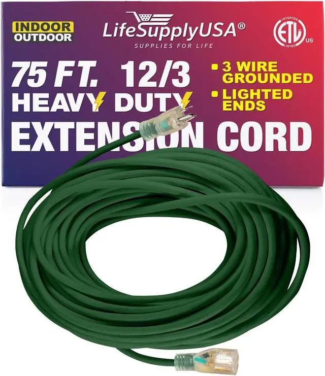 Alt view image 2 of 2 - 75FT Power Extension Cord Outdoor & Indoor - Waterproof Electric Drop Cord Cable - 3 Prong SJTW, 12 Gauge, 15 AMP, 125 Volts, 1875 Watts, 12/3 - ETL Listed by LifeSupplyUSA - Green (1 Pack)