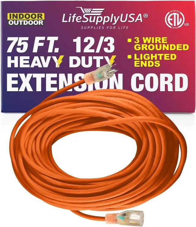 Alt view image 3 of 3 - 75 ft extension cord 12/3 sjtw with lighted end - orange - indoor / outdoor heavy duty extra durability 15amp 125v 1875w etl listed by lifesupplyusa