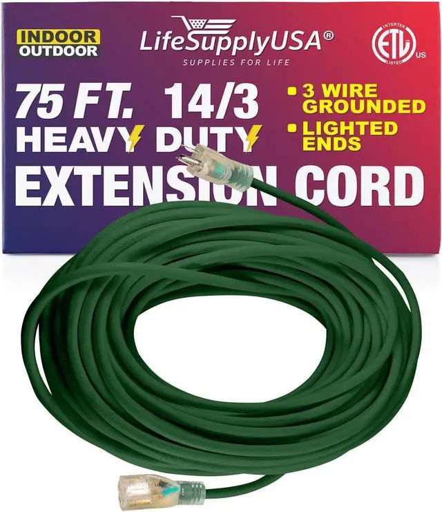 Alt view image 2 of 2 - 75FT Power Extension Cord Outdoor & Indoor - Waterproof Electric Drop Cord Cable - 3 Prong SJTW, 14 Gauge, 13 AMP, 125 Volts, 1625 Watts, 14/3 - ETL Listed by LifeSupplyUSA - Green (1 Pack)