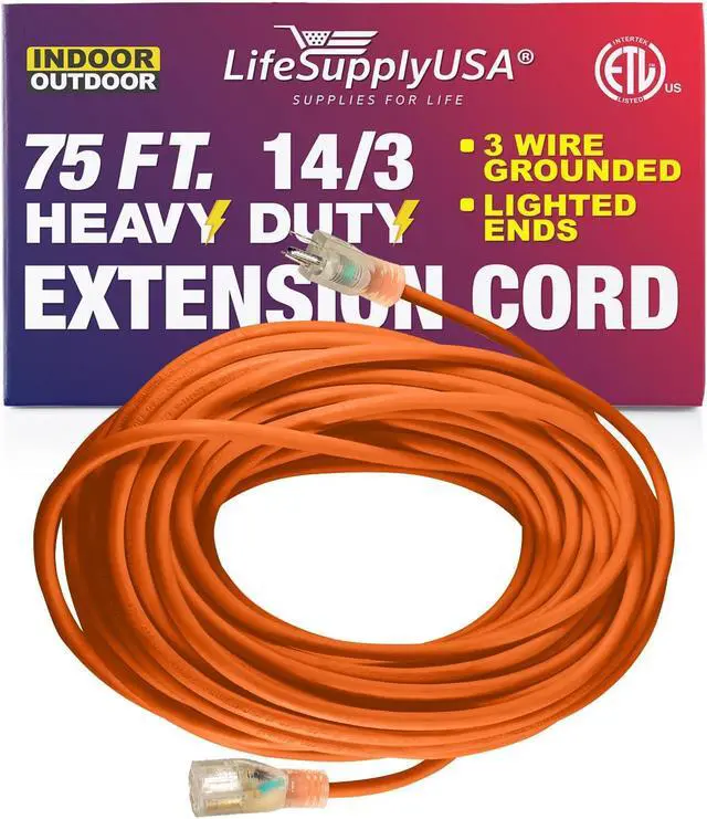 Alt view image 3 of 3 - 75 ft extension cord 14/3 sjtw with lighted end - orange - indoor / outdoor heavy duty extra durability 13amp 125v 1625w etl listed by lifesupplyusa