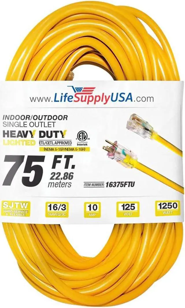 Alt view image 2 of 2 - 75FT Power Extension Cord Outdoor & Indoor - Waterproof Electric Drop Cord Cable - 3 Prong SJTW, 16 Gauge, 10 AMP, 125 Volts, 1250 Watts, 16/3 - ETL Listed by LifeSupplyUSA - Yellow (1 Pack)