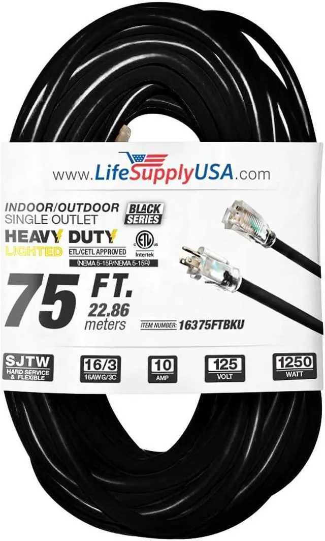 Alt view image 3 of 3 - 75 ft extension cord 16/3 sjtw with lighted end - black - indoor / outdoor heavy duty extra durability 10amp 125v 1250w etl listed by lifesupplyusa