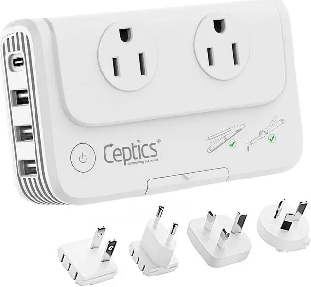Main image of Ceptics 200 W Voltage Converter  Convert 220 V to 110V for Devices Like Curling Iron  Straightener  Chargers  Step Down World Power Plug - 4 USB Charging Fast QC 3.0 - EU/AU/UK/US Included