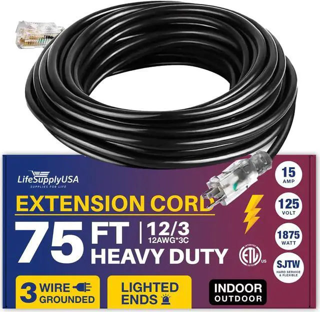 Alt view image 3 of 3 - 75 ft extension cord 12/3 sjtw with lighted end - black - indoor / outdoor heavy duty extra durability 15amp 125v 1875w etl listed by lifesupplyusa