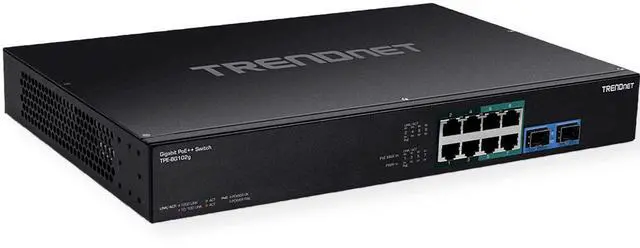 Alt view image 9 of 9 - TRENDnet 10-Port Gigabit PoE++ Switch, TPE-BG102g, 8 x Gigabit  PoE++ Ports, 2 x Gigabit SFP Ports, 240W PoE Power Budget, 20Gbps,  Internal Power Supply, Lifetime Protection, Black