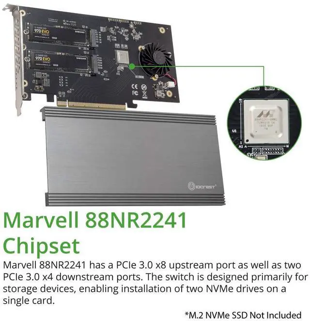 Alt view image 3 of 6 - Vszerda Dual M.2 NVMe Ports RAID to PCIe 3.0 x16 Interface (x8 Bandwidth) Bifurcation Riser Controller - SI-PEX40158