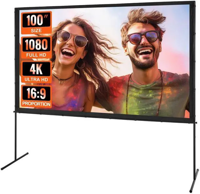 Alt view image 2 of 8 - VEVOR Projector Screen with Stand, 100 inch 16:9 4K 1080 HD Outdoor Movie Screen with Stand, Wrinkle-Free Projection Screen with Bar Feet and Carry Bag, for Home Theater Cinema Backyard Movie Night