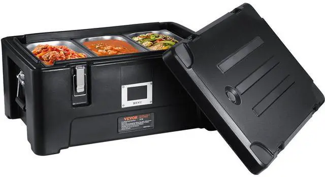 Alt view image 3 of 9 - VEVOR Insulated Food Pan Carrier, 36Qt Capacity, Stackable Catering Hot Box w/ 3 Stainless Steel Pans, Top Load LLDPE Food Warmer w/Elastic Side Handles and Buckles, for Restaurant Canteen, Black