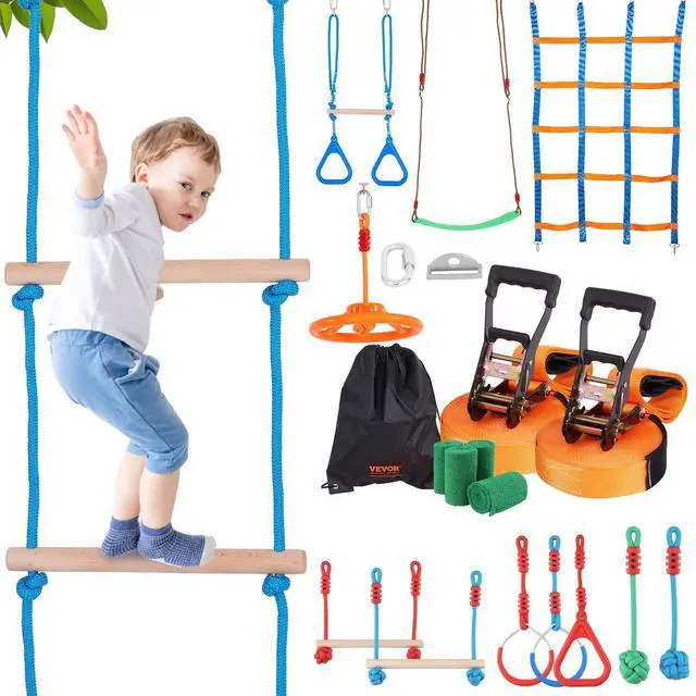 Alt view image 2 of 8 - VEVOR Ninja Warrior Obstacle Course for Kids, 2 x 65 ft Weatherproof Slacklines, 500lbs Weight Capacity Monkey Line, Outdoor Playset Equipment, Backyard Toys Training Equipment Set with 12 Obstacles