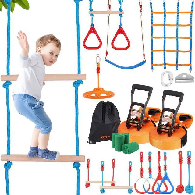 Alt view image 2 of 8 - VEVOR Ninja Warrior Obstacle Course for Kids, 2 x 60 ft Weatherproof Slacklines, 500lbs Weight Capacity Monkey Line, Outdoor Playset Equipment, Backyard Toys Training Equipment Set with 14 Obstacles