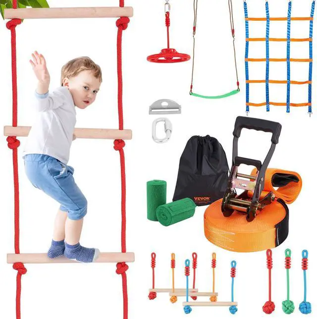 Alt view image 2 of 15 - VEVOR Ninja Warrior Obstacle Course for Kids, 50 ft Weatherproof Slacklines, 500lbs Weight Capacity Monkey Line, Outdoor Playset Equipment, Backyard Toys Training Equipment Set with 10 Obstacles