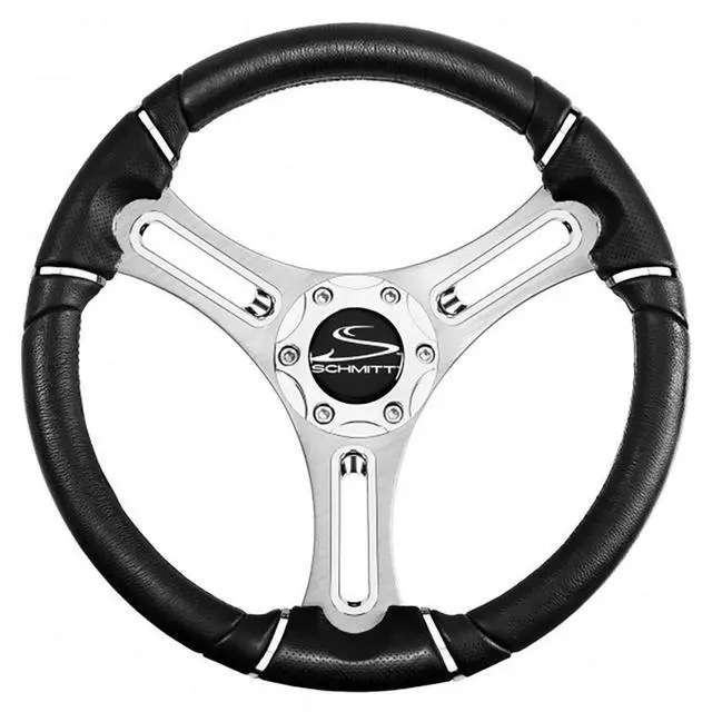 Main image of Schmitt Marine Torcello 14" Wheel - 04 Series - Polyurethane Wheel w/Chrome Trim & Cap - Brushed Spokes - 3/4" Tapered Shaft