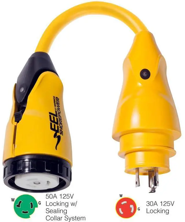 Alt view image 9 of 9 - Marinco P30-503 EEL 50A-125V Female to 30A-125V Male Pigtail Adapter - Yellow