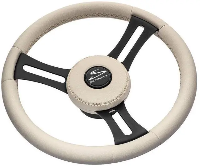 Alt view image 2 of 2 - Schmitt Marine Torcello Elite 14" Wheel - Beige Leather & Cap - White Stitching - Black SS Spokes - 3/4" Tapered Shaft