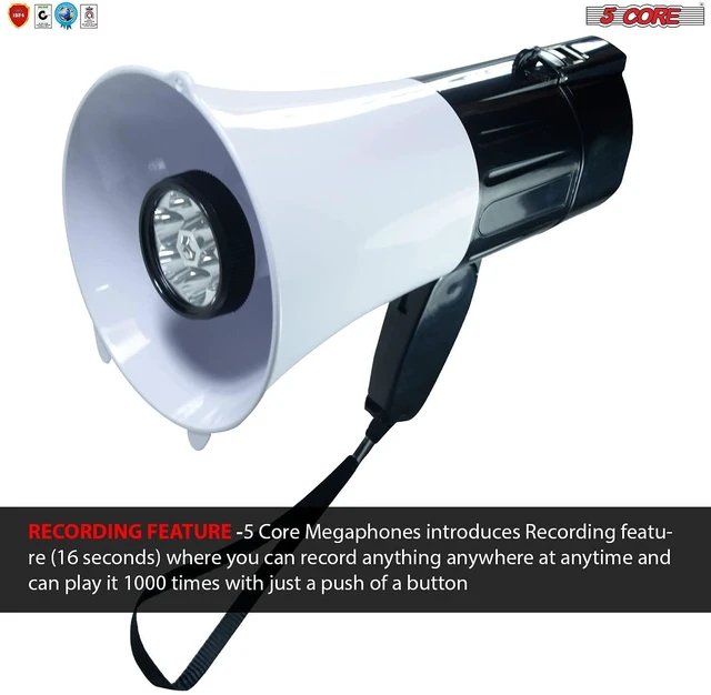 Alt view image 10 of 11 - 5 Core Megaphone Bullhorn Speaker 30W Professional Bull Horn Battery Power Cheer Megafono 800 Yard Range Loudspeaker w Siren LED Light Recording Ergonomic Handle for Coaches Football Baseball