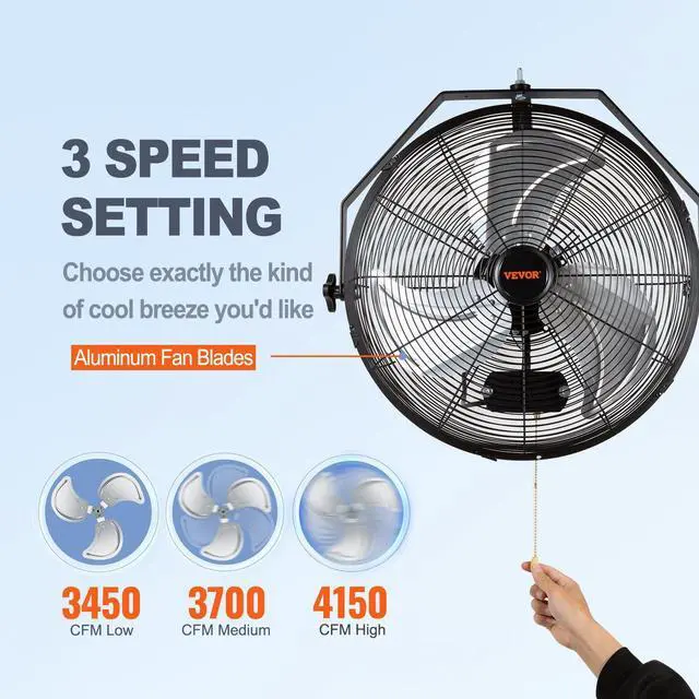 Alt view image 11 of 11 - VEVOR Wall Mount Fan, 18 Inch, 3-speed High Velocity Max. 4150 CFM, Waterproof Oscillating Industrial Wall Fan, Commercial or Residential for Warehouse, Greenhouse, Workshop, Patio, Black, ETL Listed
